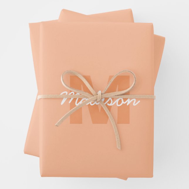 Peach colour of 2024 with custom Monogram name Wrapping Paper Sheet (In situ)