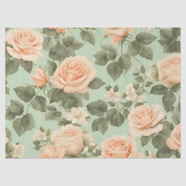 Peach Colour Roses on Light Green Background  Tissue Paper (Front)