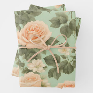 Peach Colour Roses on Light Green Background Wrapping Paper Sheet