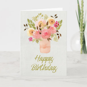 Peach Colour Watercolor Flowers Birthday Card