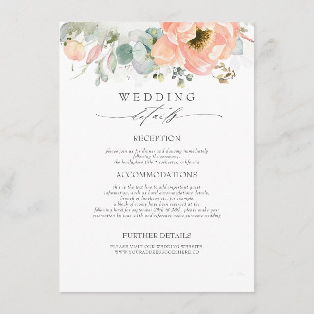 Peach Coloured Flowers Wedding Information Enclosure Card (Front)