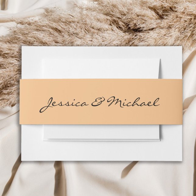 Peach Coloured Modern Script Wedding Names Invitation Belly Band (Peach wedding belly band)