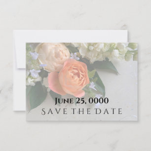 Peach-coloured rose bouquet fade save the date car invitation