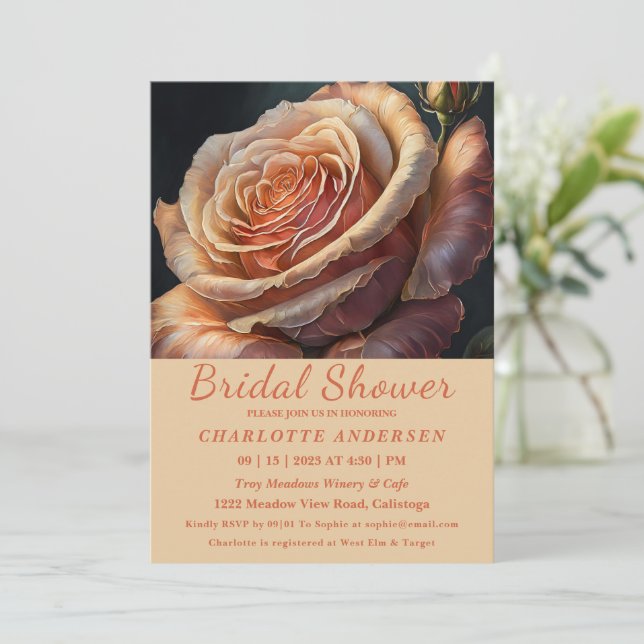 Peach Coloured Rose Bridal Shower Invitation (Standing Front)