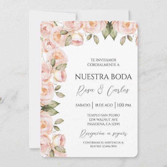 Peach coloured  Rose Spanish Wedding Invitation (Front)
