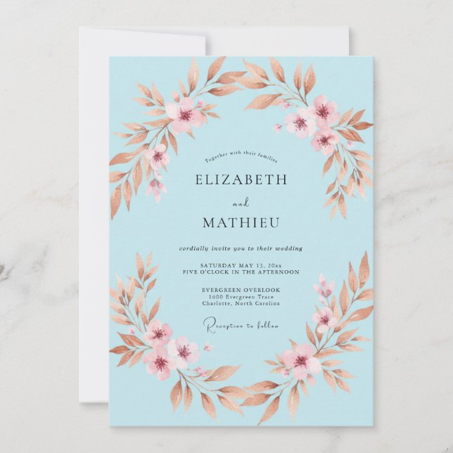 Peach Copper Leaf Wedding Invitation (Front)