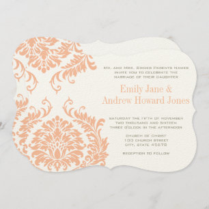 Peach Coral and Mushroom Damask Wedding Invitation
