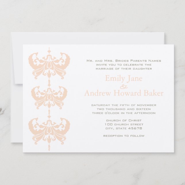 Peach Coral and Mushroom Damask Wedding Invitation (Front)