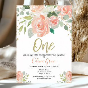 Peach Coral Floral Girl 1st Birthday Invitation