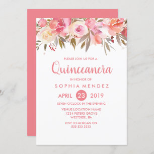 Peach Coral Flowers Quinceanera Birthday Party Invitation