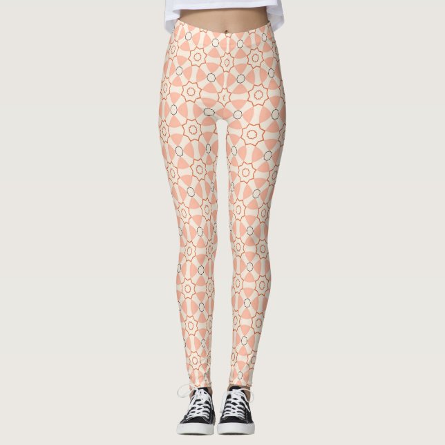 Peach Coral Geometric Rosette Pattern Leggings (Front)