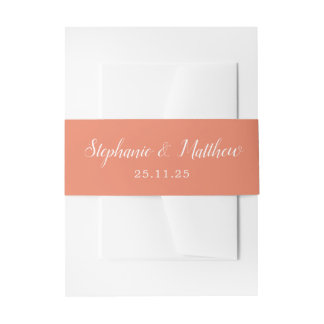 Peach Coral Modern Script Typography Wedding Invitation Belly Band