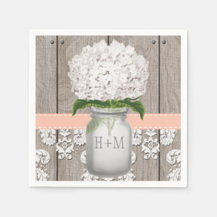 Peach Coral Monogrammed White Hydrangea Mason Jar Napkin