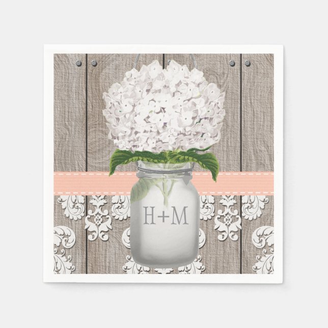 Peach Coral Monogrammed White Hydrangea Mason Jar Napkin (Front)