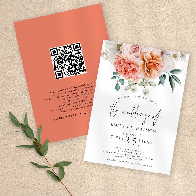 Peach Coral Peonies Florals QR Code Wedding Invitation (Front and back view)