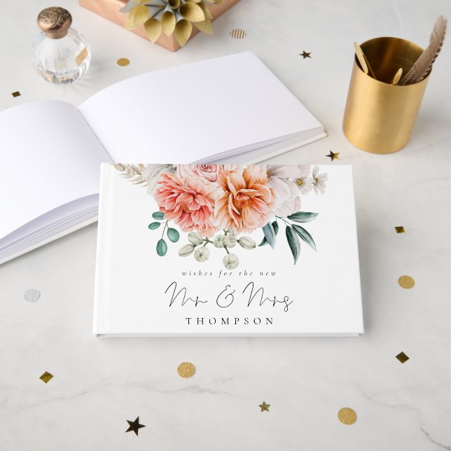 Peach Coral Peonies Florals Wishes New Mr Mrs  Guest Book (Front Open)