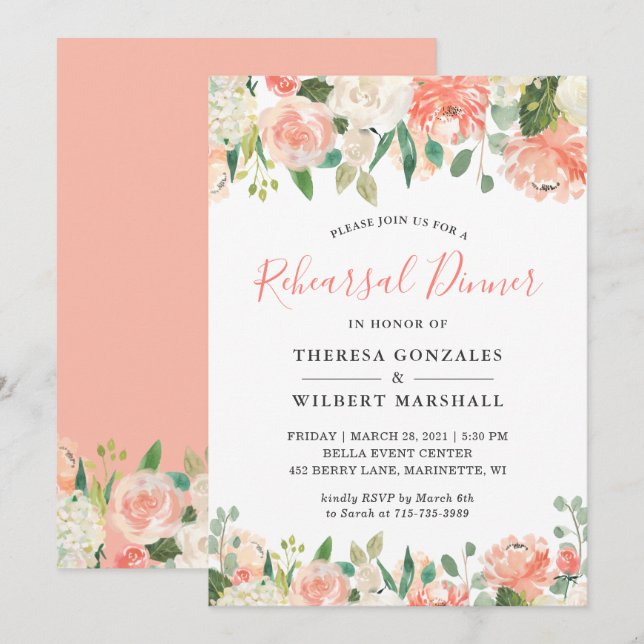 Peach Coral Peony Rehearsal Dinner Invitation (Front/Back)