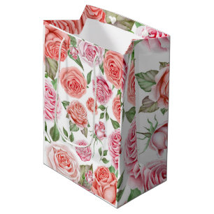Peach Coral Pink Roses Greenery Leaves Party Favou Medium Gift Bag