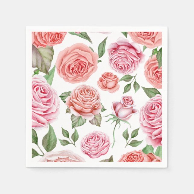 Peach Coral Pink Roses Greenery Leaves Shabby Chic Napkin (Front)