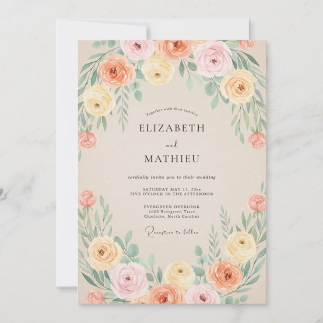 Peach Coral Ranunculus Eucalyptus Wedding Invitation (Front)