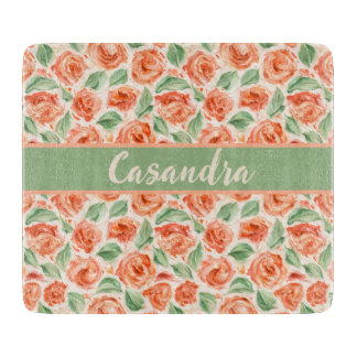 Peach Coral Rose Floral Monogram Name Kitchen  Cutting Board