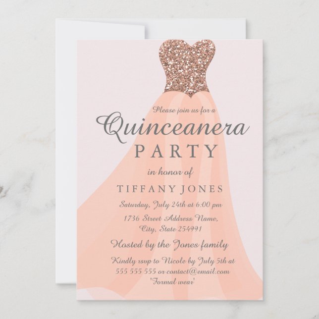 Peach Coral Sparkling Glitter Gown Quinceanera Invitation (Front)