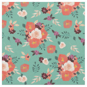Peach   Coral Watercolor Floral on Teal Fabric