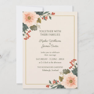 Peach Coral Wildflower Gold Wedding Invitation