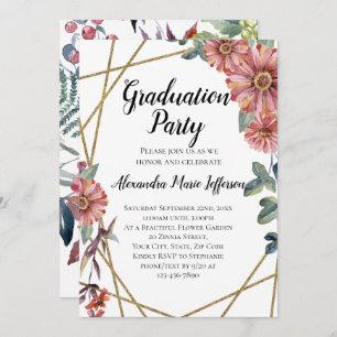 Peach Coral Zinnia Flower Girls Graduation Party Invitation