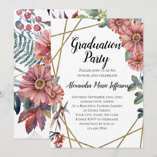 Peach Coral Zinnia Flower Girls Graduation Party Invitation (Front/Back)