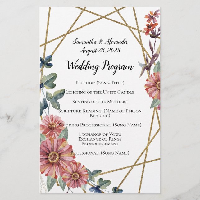 Peach Coral Zinnia Watercolor Flower Wedding (Front)
