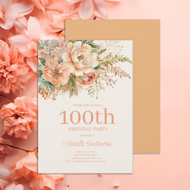 Peach Cream Floral 100th Birthday Invitation (Elegant peach and cream-colored 100th birthday party invitation)