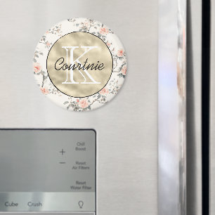 Peach Cream Floral Gold Monogram Magnet