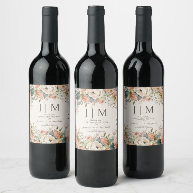 Peach Cream Floral Monogram Wedding Wine Label (Bottles)
