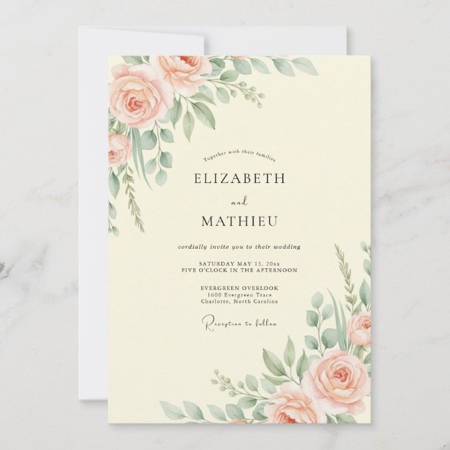 Peach Cream Leafy Wedding Invitation (Front)