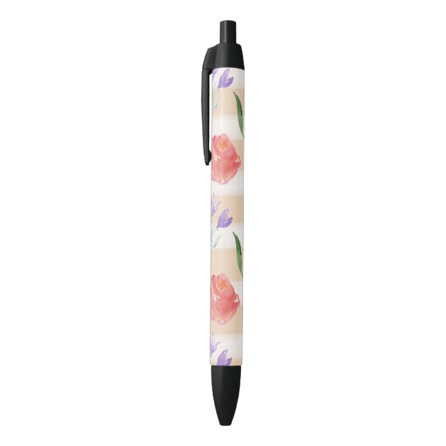 Peach Cream Stripes Watercolor Flowers Black Ink Pen (Top (Vertical))