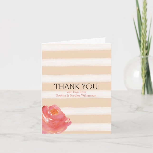 Peach Cream Stripes Watercolor Flowers Thank you Card (Front)