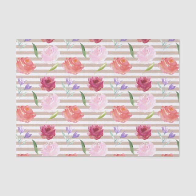 Peach Cream Stripes Watercolor Flowers Tissue Paper (Front)