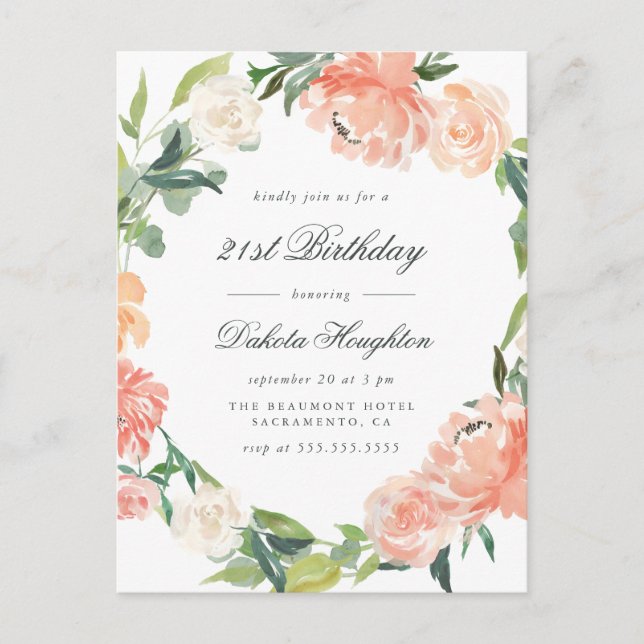Peach & Cream Watercolor Flowers Birthday Party Invitation Postcard (Front)