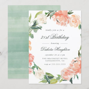 Peach & Cream Watercolor Peonies Birthday Party Invitation