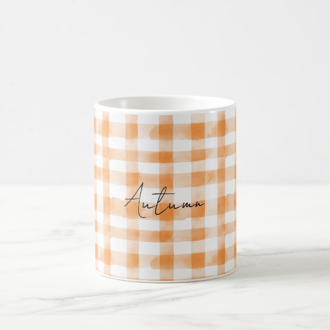 Peach Cream White Plaid Stripes Coffee Mug (Center)