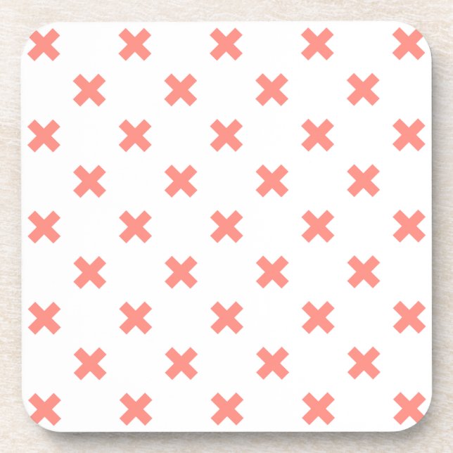 Peach cross stitches on white coaster (Front)