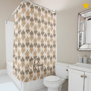 Peach Custom Name Watercolor Geometric Pattern Shower Curtain