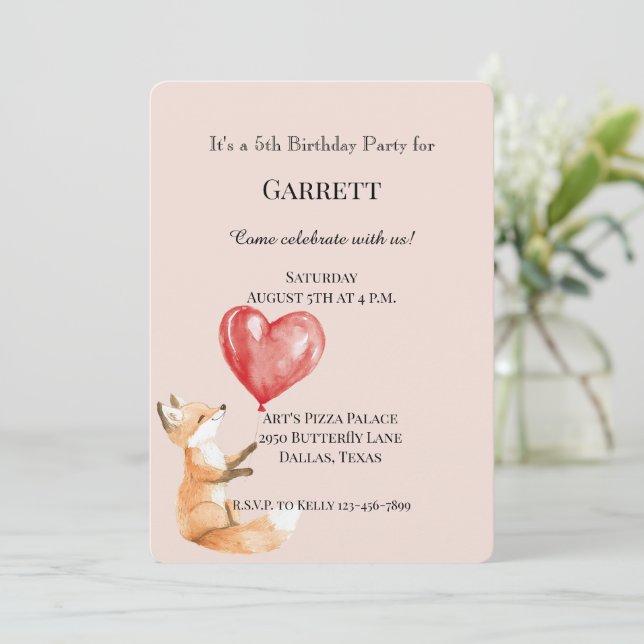 Peach Cute Woodland Fox Red Hearts Birthday Invitation (Standing Front)