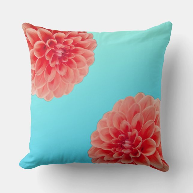 Peach Dahlia & Aqua Blue Cushion (Front)