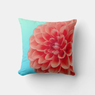 Peach Dahlia & Aqua Blue Throw Pillow
