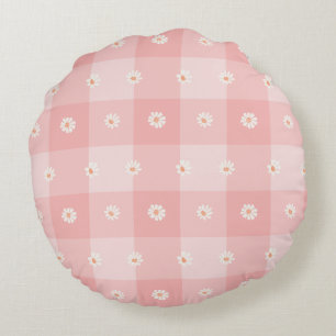Peach Daisy Checkerboard Round Cushion