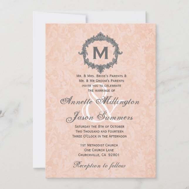 Peach Damask Silver Vintage Monogram Wedding Invitation (Front)