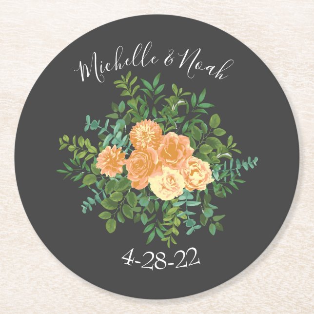 Peach Dark Grey Wedding Roses Floral Round Paper Coaster (Front)