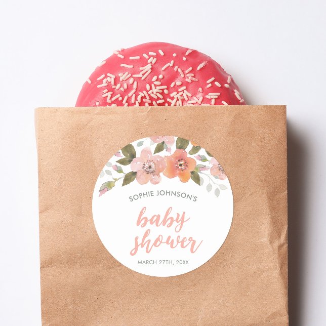 Peach Delicate Floral Baby Shower Classic Round Sticker (Creator Uploaded)